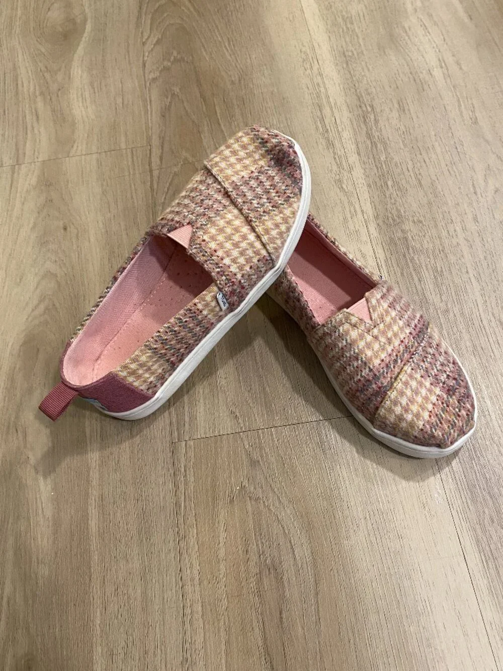 TOMS Kids Alpargata Slip On Shoes Pink Tweed Glitter Plaid Size 2.5